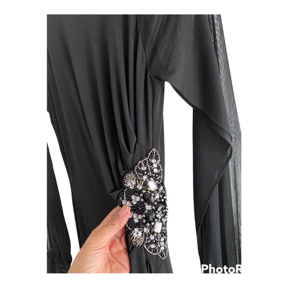 Eliza J Black Ruched Beaded Long-sleeve vintage style, 80's  Dress, size 6 - Picture 5 of 10
